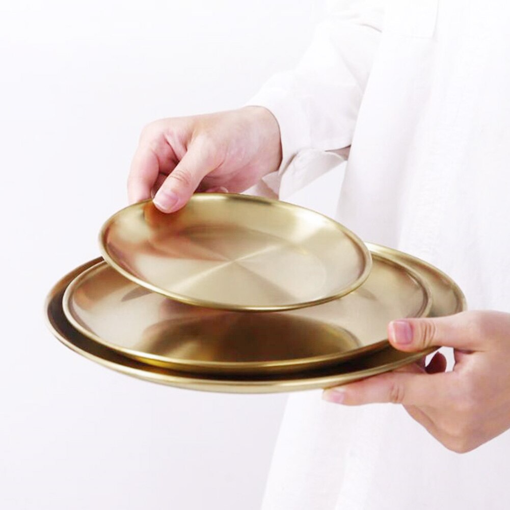 Assiette à manger en acier inoxydable, plats dorés plateau rond gâteau plateau de maquillage Steak occidental articles de table Style européen outils de cuisine