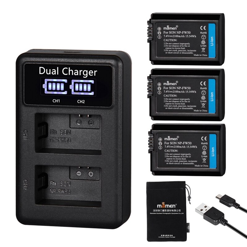 ABHU-Mamen 3Stck NP-FW50 NP FW50 NPFW50 Digital Kamera Batterie 2100MAh + LCD Dual Ladegerät für Sony NEX-3 A7R A6500 A6300 A6000 A5