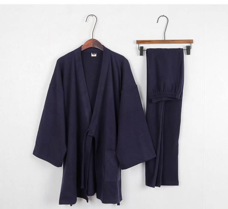 Japonés estilo Retro de algodón de los hombres pantalones de pijama conjunto antiguo tradicional Albornoz de Kimono trajes Hanfu dormir y salón: Azul / XL