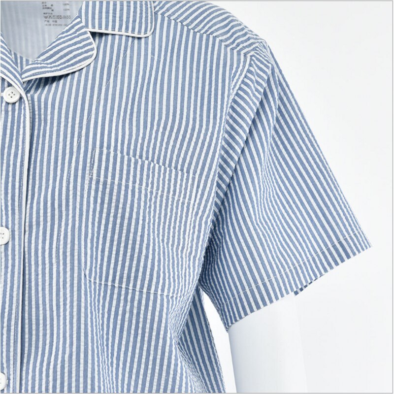 Conjunto de pijama a rayas para hombre, ropa de dormir informal de verano, 100% algodón, cárdigan con cuello vuelto, camisa y pantalones a media pierna