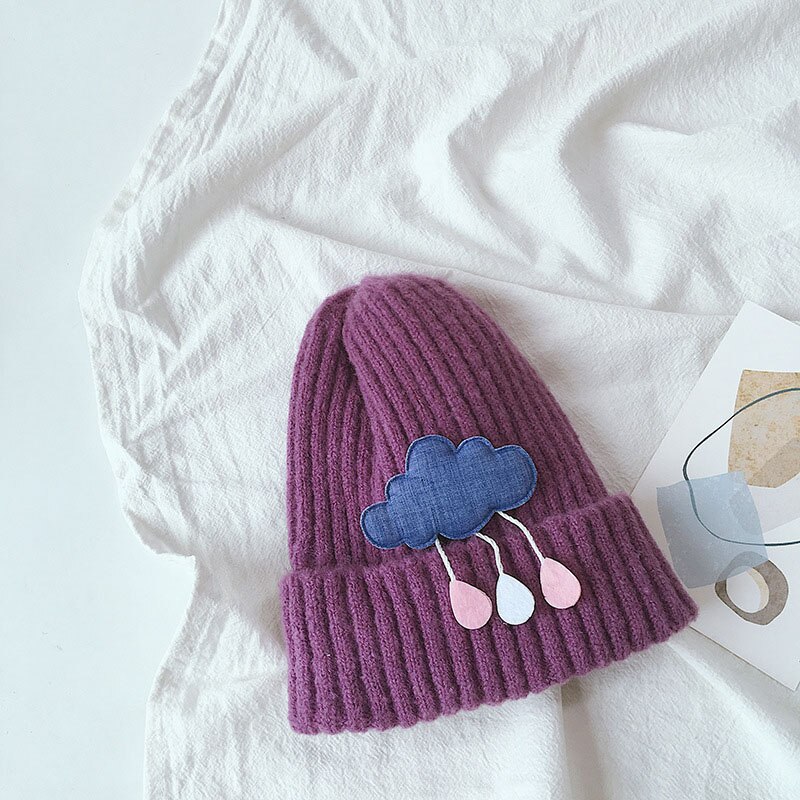 Herfst winter baby mutsen kinderen jongens meisjes mooie wolken gebreide muts effen kleur warme mutsen: Paars