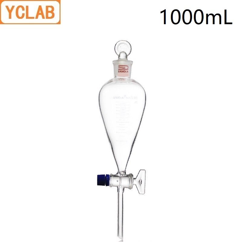 Embudo separador YCLAB de 1000mL con forma de pera de 1L con suelo de graduación en tapón de vidrio y equipo químico de laboratorio de llave de paso