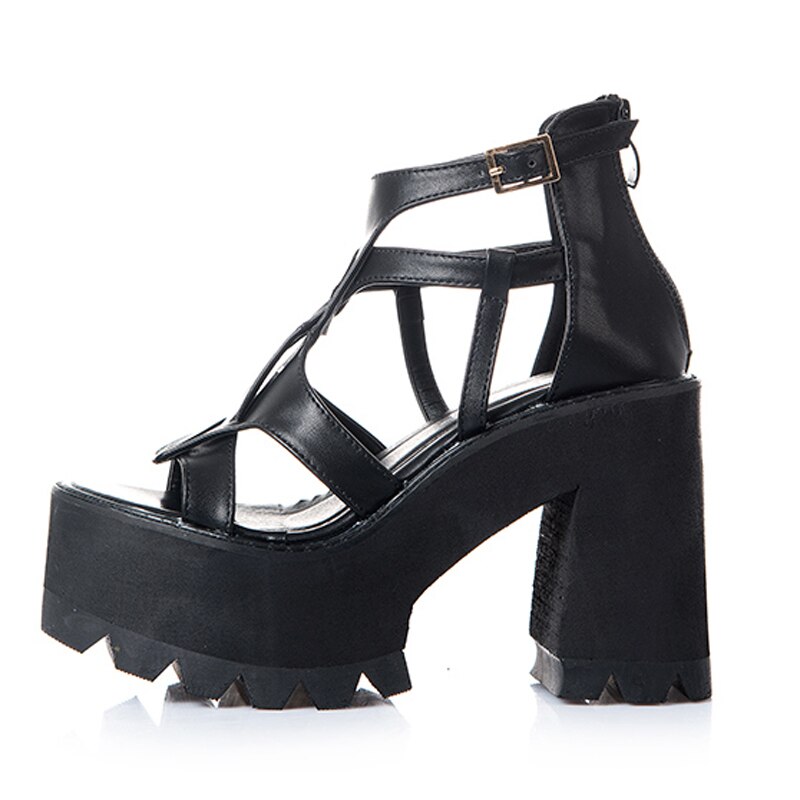 Sandalias de gladiador de tacón alto para mujer, zapatos negros de plataforma, estilo punk, YMA162
