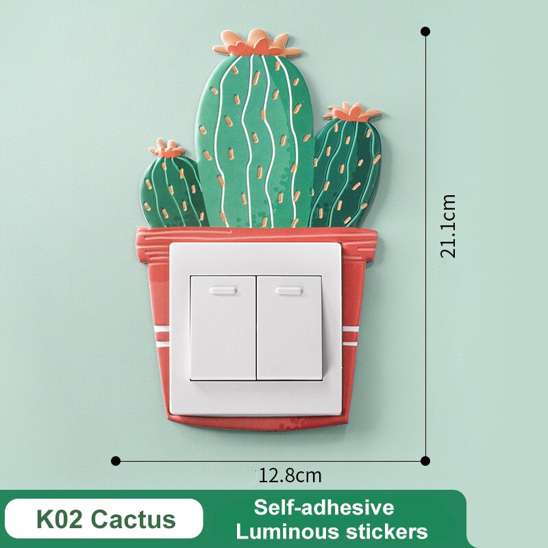 Vandtæt fluorescerende glødkaktus vægindretning klistermærke lysende pu switch beskyttende dækning børneværelse soveværelse indretning: K02 kaktus