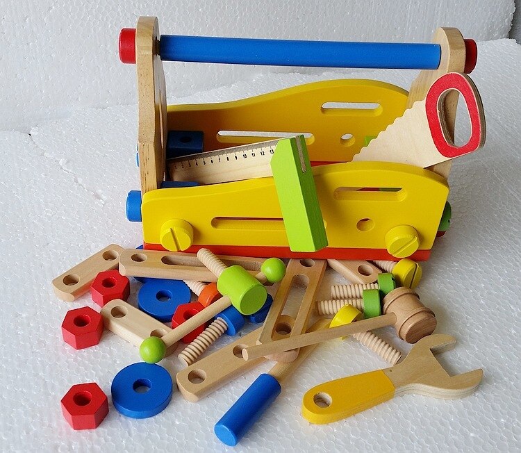 Wooden Simulation Toolbox Set Nut Combination Assembly Workbench Tool Blue Educational Toys