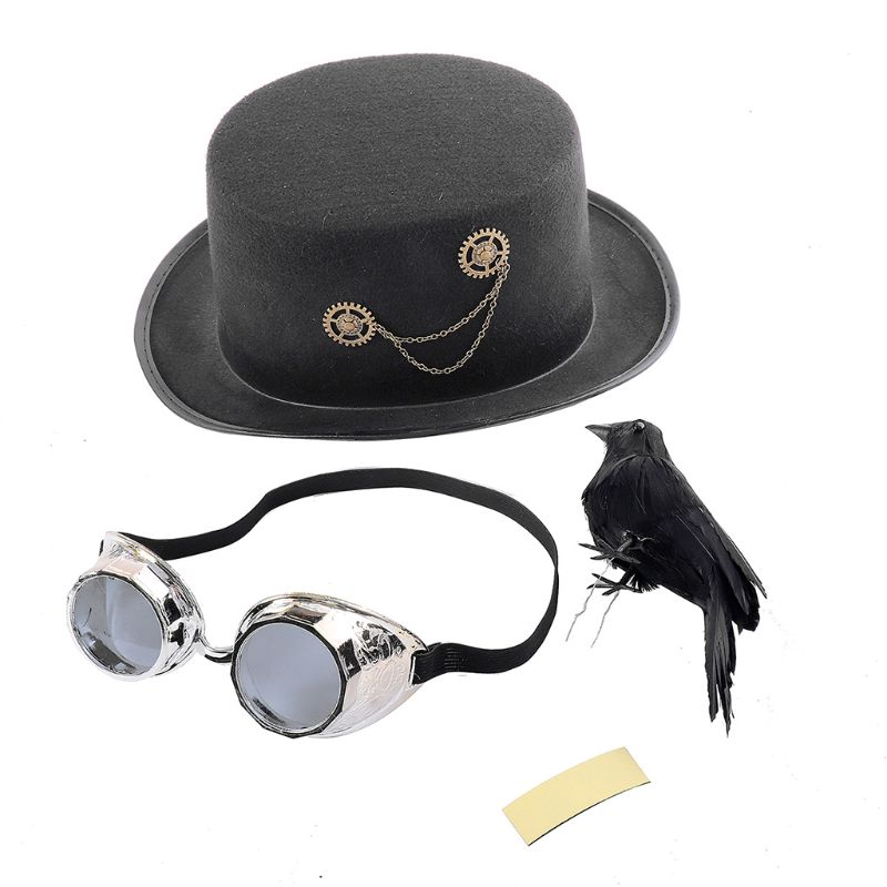 Carnaval Retro Gothic Top Hoed Steampunk Cosplay Zwarte Jazz Cap Met Kraai Bril