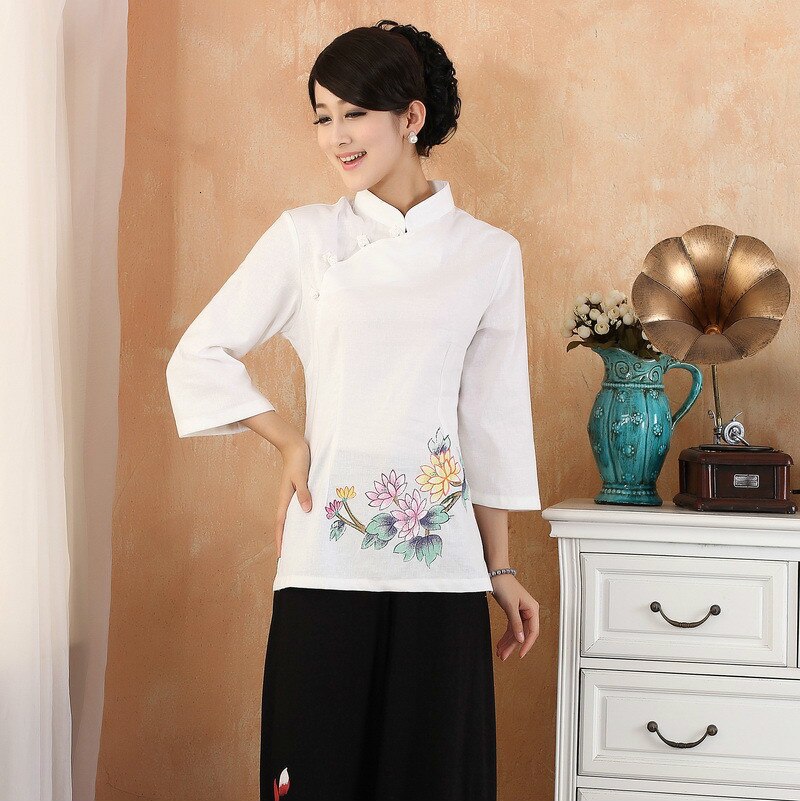 Nueva camisa de lino de algodón Casual a la para mujer, blusa Cheongsam china, blusas Qipao para mujer, camisa con cuello levantado con estampado de flores