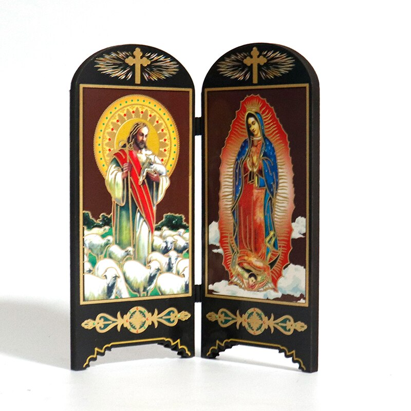 Articulos religiosos catolico religiøs figur ikon dobbeltskærm skrivebord dekoration jesus kristus hellige hjerte jomfru maria figurer: 46-9
