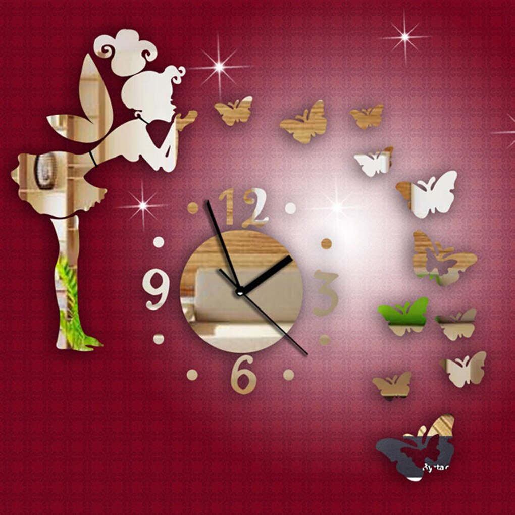 Autocollants muraux fille féerique papillon 3D, horloge murale miroir, décoration de bureau et de maison, DIY bricolage