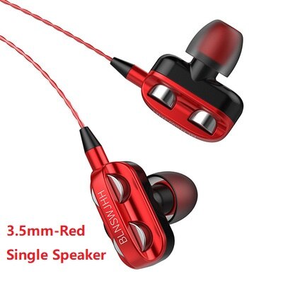 Dual Speaker Wired Earphone Headphones Headset For iPhone Xiaomi Computer Dual Driver Stereo Sport Earbuds Earphones hwith Mic: Red-Single Speaker