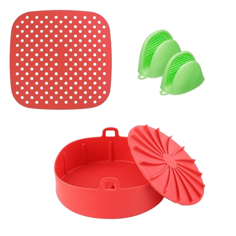 Juego de accesorios de silicona para freidora de aire, alfombrilla de cesta de silicona para freidora de aire con Mini guantes de silicona para horno: Rojo