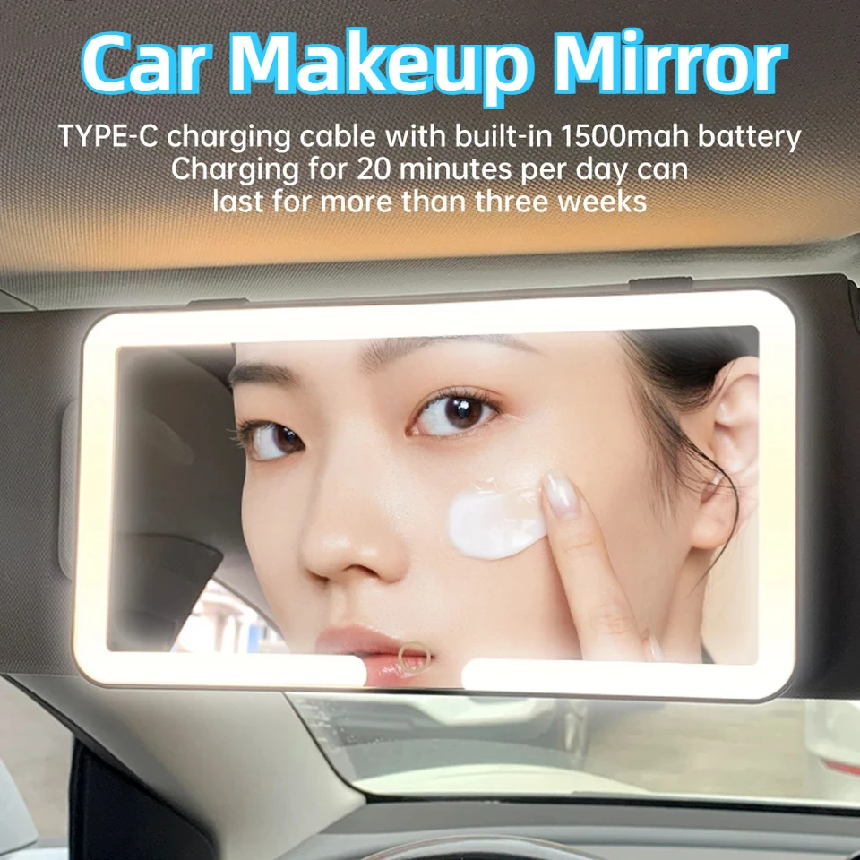 espejo LED de maquillaje para coche, parasol HD, espejo colgante de maquillaje, carga automática, espejo cosmético, pantalla táctil, luz regulable
