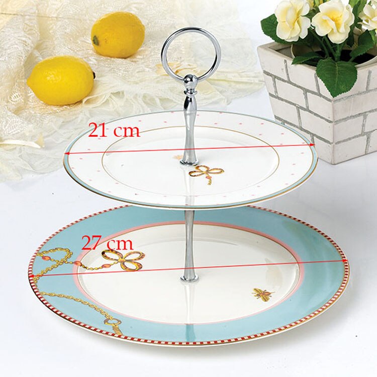 Yeefine luuposliini kaksikerroksiset astiat ja lautaset setti välipalateline pidike luksus posliinikakku leivonnaiset hedelmäastia keraaminen tarjotin: D