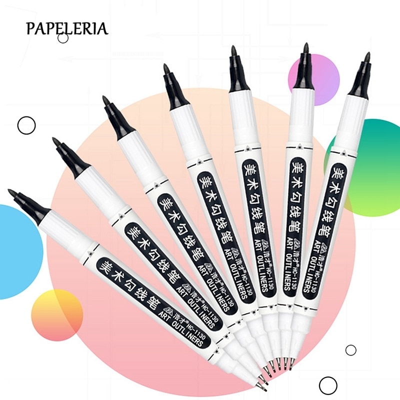 5 Stk/set Twin Tip Permanente Marker Pen Fijne Punt Waterdichte Inkt Dunne Nib Ruwe Nib Zwarte Inkt 0.5 Mm-1 Mm Fijne Schrijven Schilderen Pen