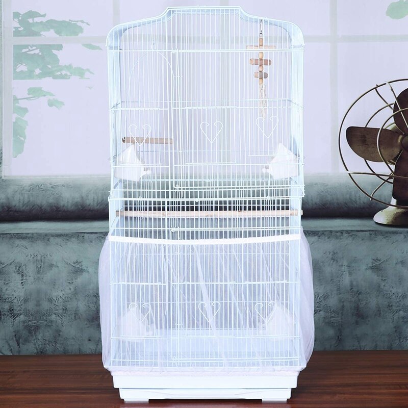 2 Pcs Bird Cage Seed Catcher Parrot Guard Mesh Net Cover Stretchy Shell Soft Airy Skirt Traps Basket Cage (Black/White)