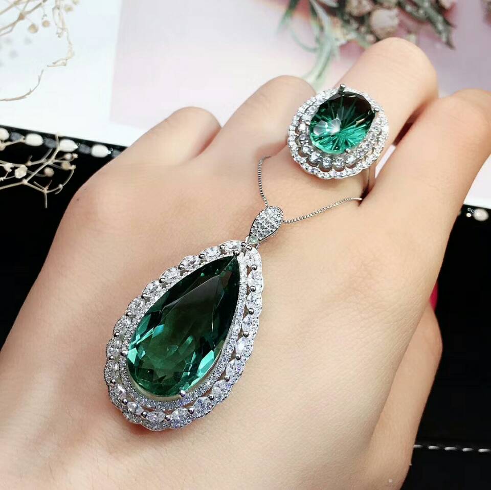 MeiBaPJ Top Glänzende Natürliche Brasilien Grün Kristall Schmuck Set Echt 925 Sterling Silber Ring Halskette Feine Siut Hochzeit Schmuck