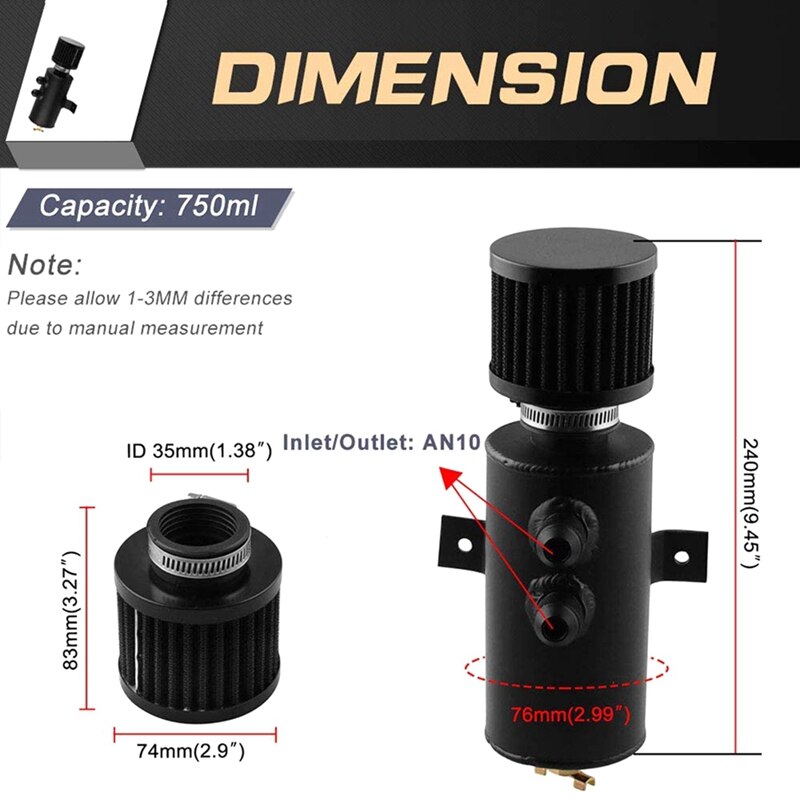 Universal 2-Port Aluminum Oil Catch Can with Drain Valve Breather Filter Compact Baffled Oil Catch Fuel Tank Part