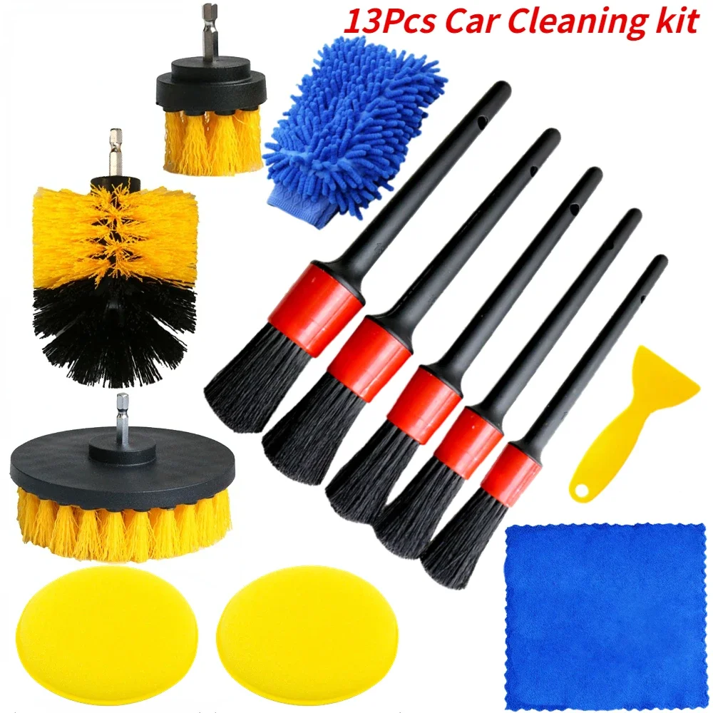 PKWKS Kit de limpieza de coche, juego de cepillos para detalles de taladro, rejillas de ventilación de aire acondicionado, pulidor de toallas, herramientas para detalles de automóviles: Gris