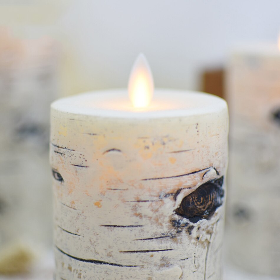 Luces tipo vela de LED tipo pilar con efecto de corteza de abedul, vela led de cera de parafina con batería para decoración de iluminación de Navidad., luz nocturna para el hogar