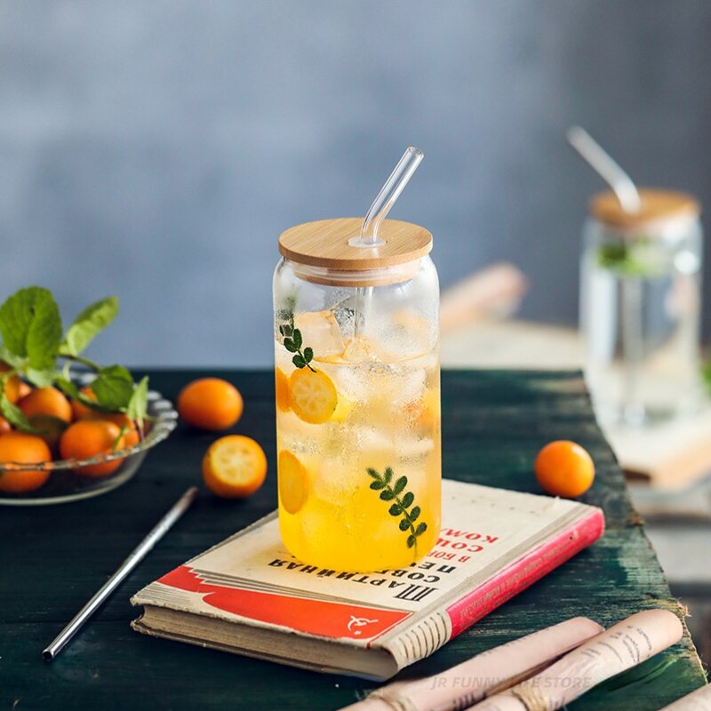 Transparent Can shape Glass Cups with Bamboo lid and straw Ice Coffee cup Glass tumblers High boron Beer Can glass Drinkware