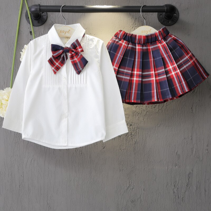 Primary school and middle school uniforms Style Solid Color Shirt + Plaid Skirt Two Piece Style Uniform