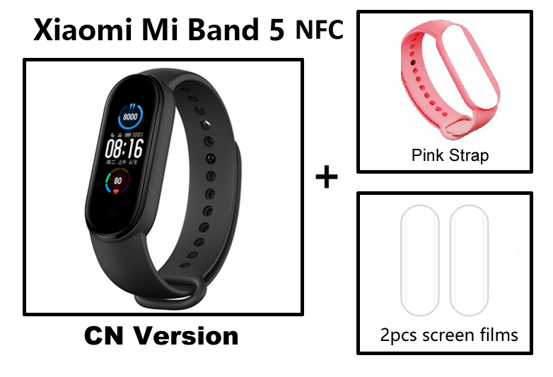 Xiaomi-pulsera inteligente Mi Band 5 Original, reloj con Pantalla AMOLED, control del ritmo cardíaco, Bluetooth, NFC: add pink strap film