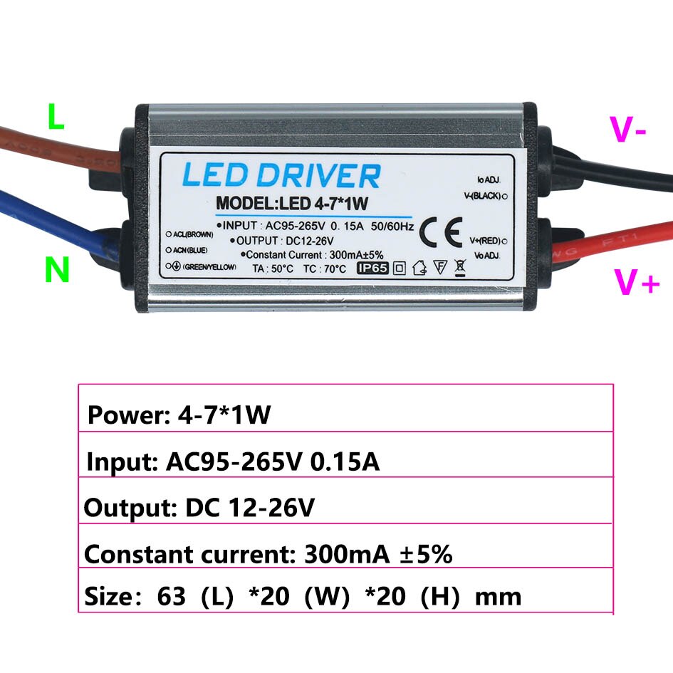 Controlador LED impermeable, fuente de alimentación de voltaje constante, transformadores de iluminación para lámpara LED, 1-3W 4-7W 8-12W 25-36W 300mA: 4-7W
