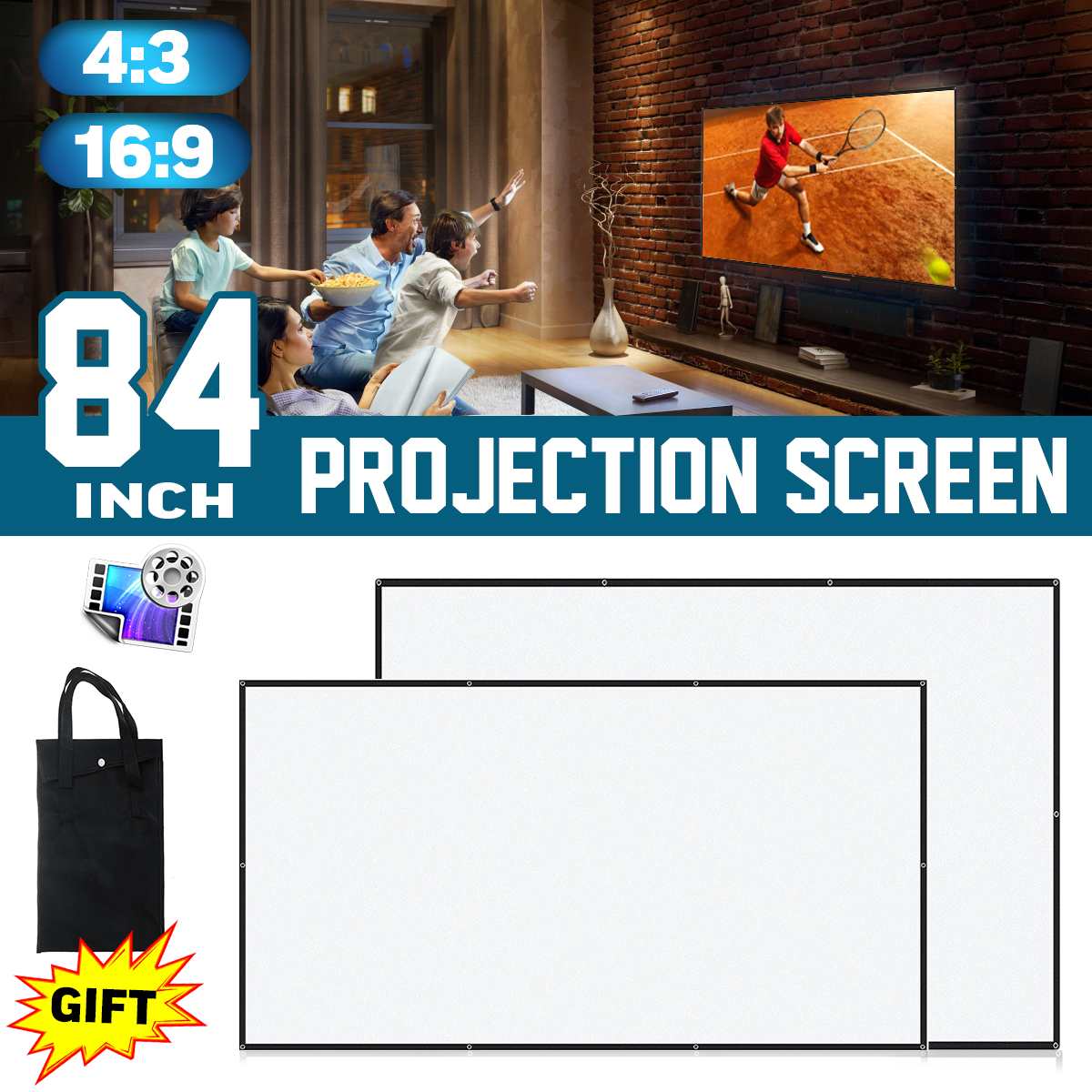 Projector Screen 16:9 84 inch Portable Foldable Projector 3D HD Wall Mounted Projection Screen for Home Theater Indoor Outdoor