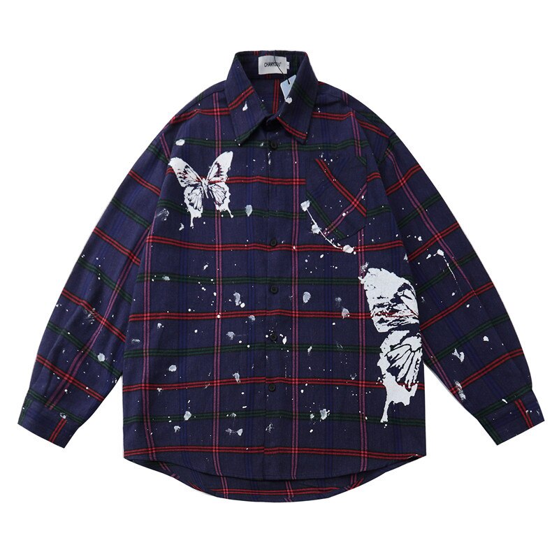 Camiseta a cuadros con estampado de mariposa para hombre, ropa de calle, otoño , Harajuku, Hip Hop, informal, vestido de botones suelto, WY150