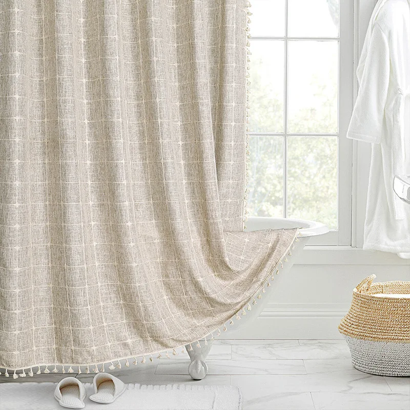Cortina de ducha impermeable de lino Jacquard, cortina de baño a prueba de moho de estilo Pastoral a cuadros pequeños y frescos: Regular / BLANCO
