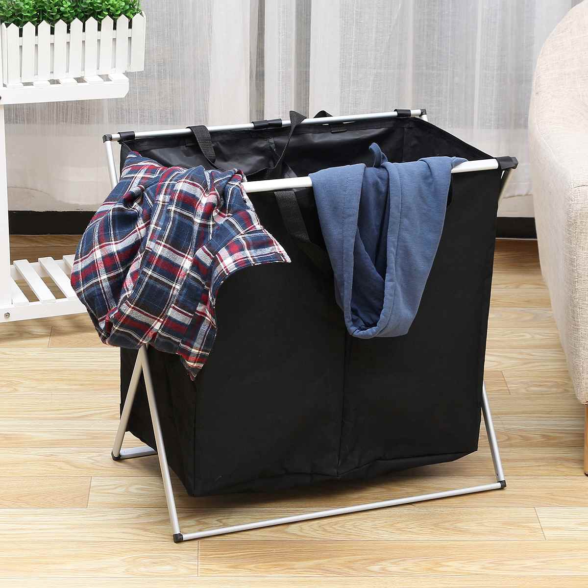 X Shape Folding Laundry Basket With Handle Collapsible 2 Section 600D Oxford Laundry Hamper Dirty Clothes Organizer Sorter Bag