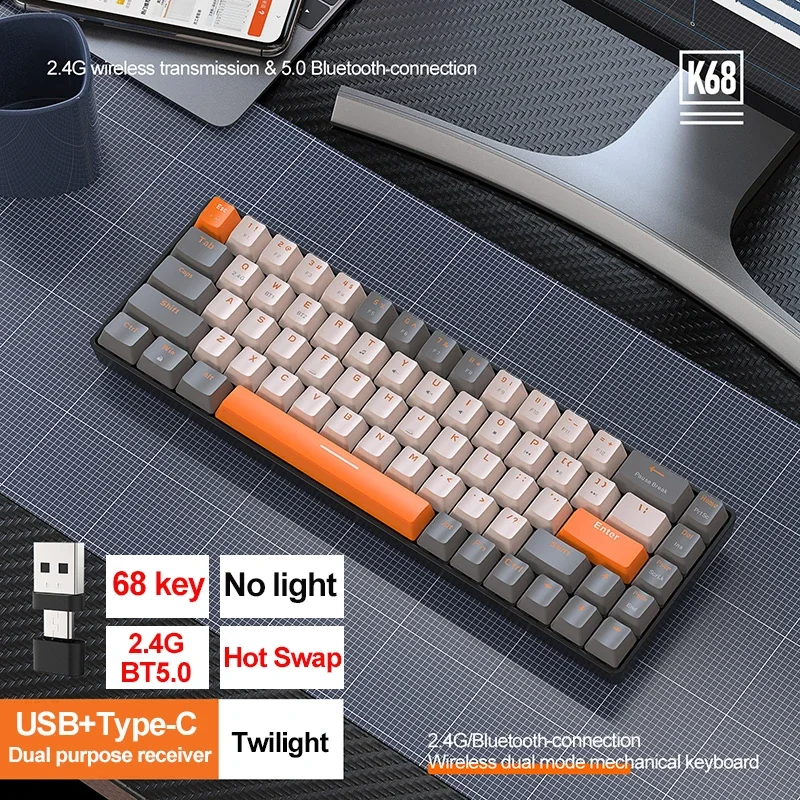 K68 2.4g/bt5.0 mekaniske spilltastaturer, 68 smakebit med hotswap, mini mekanisk spilltastatur, pbt-tastehetter, 65%  tastaturer: Oliven / Rød bryter