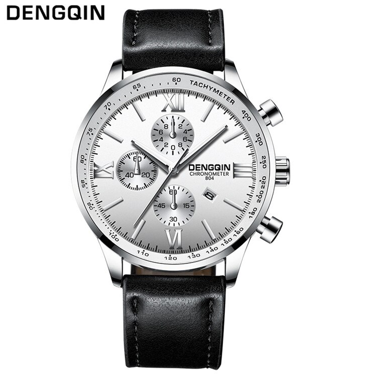DENGQIN Quarzuhr Männer Edelstahl S Uhren oben Luxus Männlichen Uhr Geschäft Herren Armbanduhr Relogio Masculino: Leder Silber- Weiß