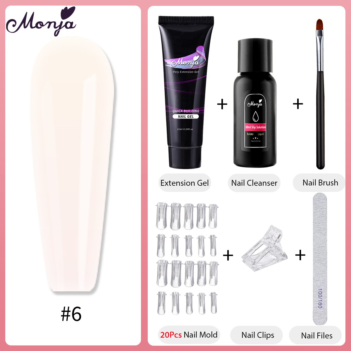 Monja 6 Stks/set Nail Art Uitbreiding Kit Acryl Uv Gel Nail Files Nail Mallen Builder Schilderen Borstel Anti Oplossing Diy manicure Set: 6