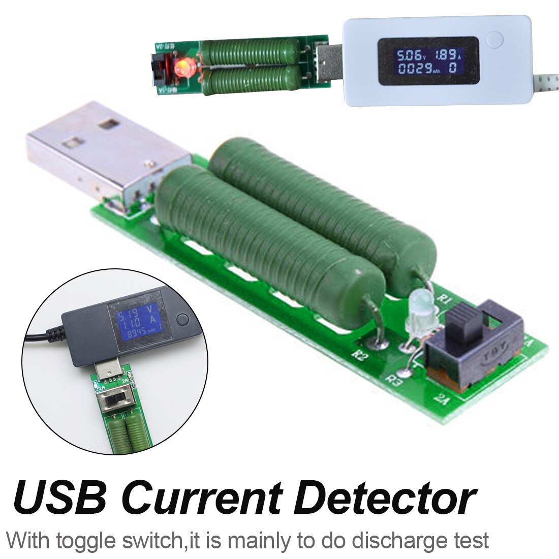 USB Mini Discharge Interface Load Resistor with Switch 5V 1A Green