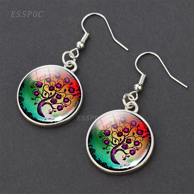 Baum des Lebens Glas Cabochon Ohrringe Silber Überzogene Baumeln Ohrringe Baum des Lebens Ohrringe Schmuck für Sie: Rhodium überzogen