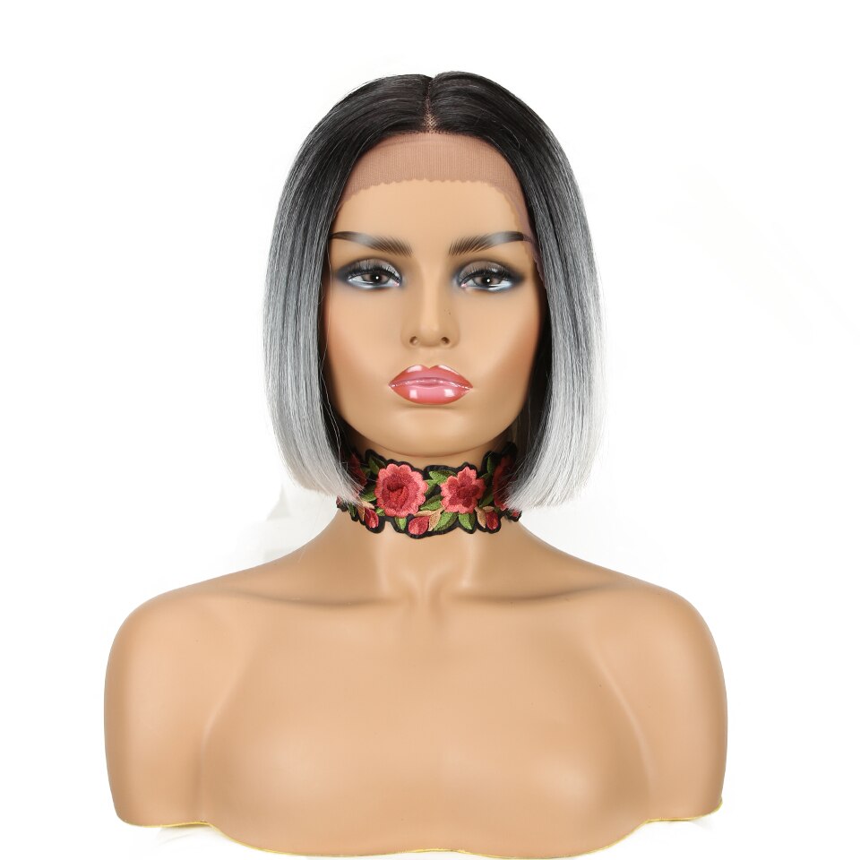 Magic 11inches Black Bob Wig Middle Part Synthetic Front Lace Wig For Black Women High Temperature Heat Resistant Fiber Hair: 3T1B-GWHT