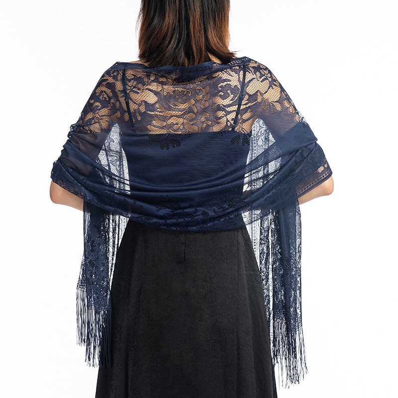 Kanten Sjaal Bruid En Bruidsmeisje Vrouwen Sjaal Wraps Party Holle-out Gehaakte Bloemen Tassel Tulle Sjaals Dames Retro Shawl: Marineblauw