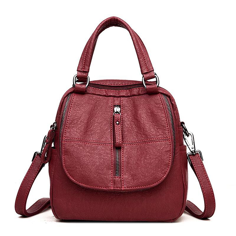 Brand Leather Women's Backpack School Bag Casual Backpack For Girls Double Zipper Leisure Shoulder Bags: red