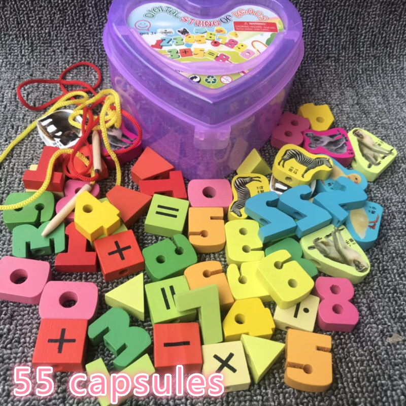 55pcs/lot Baby Wooden Lacing Beads Animals Blocks Heart-shape Stringing Threading Lace Beads Box Educational Preschool Toy: Digital 55pc