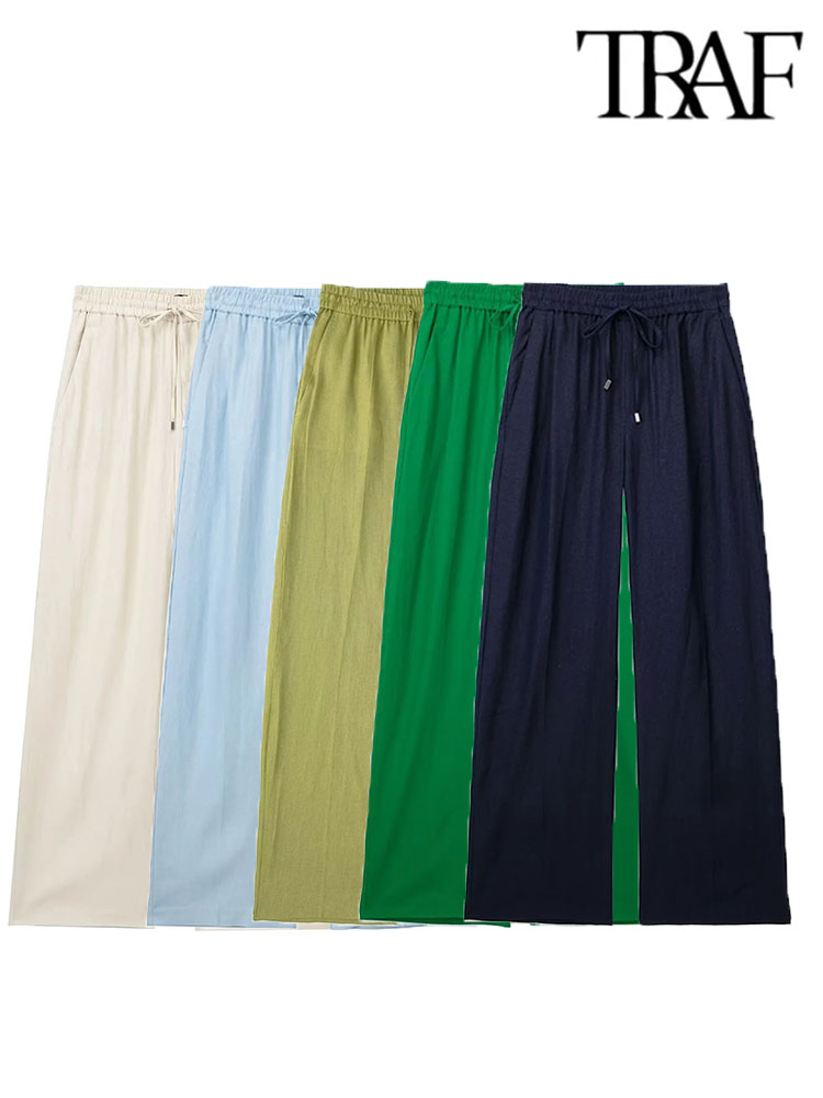 Summer Thin Linen Women Pants Drawstring High Waisted Side Pockets Full Length Straight Pant Female Trousers