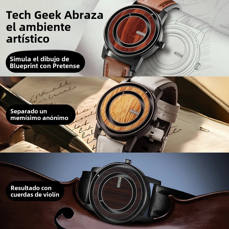 EUTOUR-Reloj unisex con cuentas magnéticas, reloj con elementos de de madera, correa de cuero PU, de manecillas únicas, reloj informal de negocios