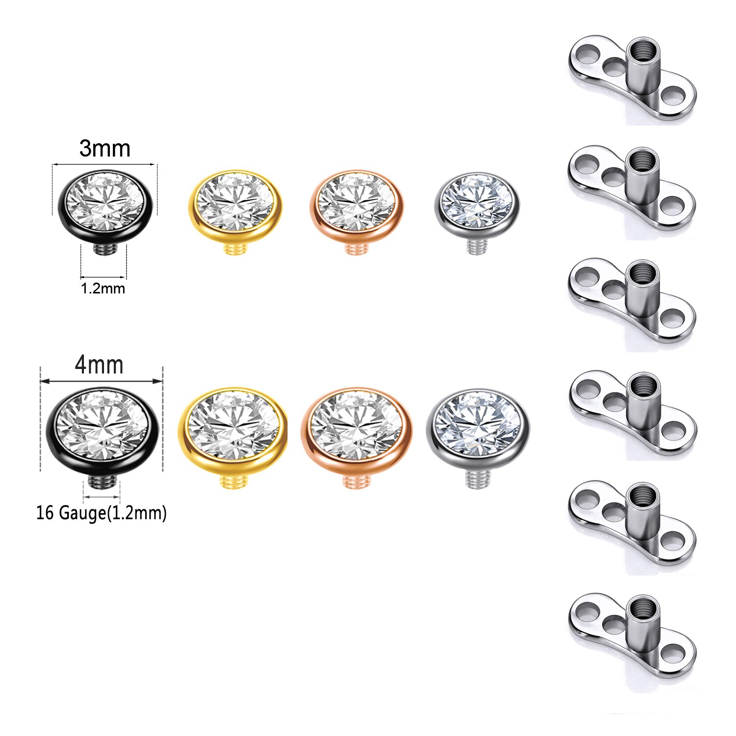ZS 1 Set 2.5/3/4MM CZ Crystal Micro Dermal Piercing Men Women Stainless Steel Dermal Anchor Surface Piercings Opal Skin Diver: Platinum Plated