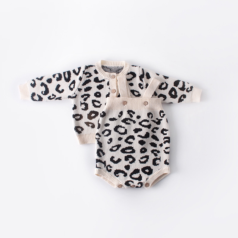 Winter Autumn Leopard Cardigan Coat Outwear Baby Infants Toddlers Girls Kids Children Knitwear Knit Sweater Romper S9811