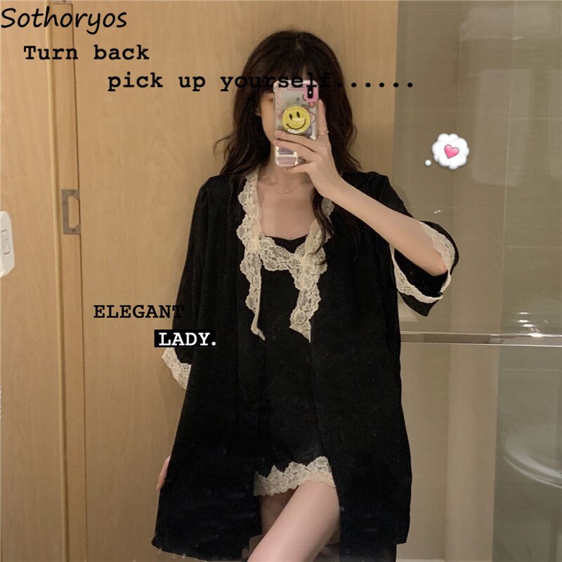 Women Robe Sets Lace V-neck Sexy Mini Length Casual Half Sleeve Robes Spaghetti Strap Gowns Autumn Sleepwear Home Lounge Suits