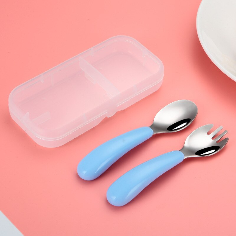 Baby Tableware Set Infant Food Feeding Spoon Fork Gadgets 304 Stainless Steel BPA Free Toddler Cartoon Dinnerware Cutlery: Blue Set