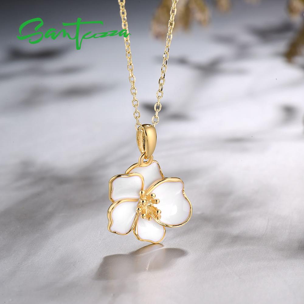 SANTUZZA Jewelry Set for Women 925 Sterling Silver White Orchid Flower Pendant Earrings Ring Set Fine Jewelry Handmade Enamel