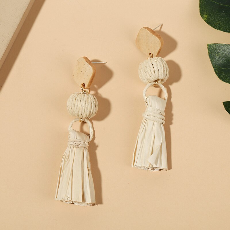 Bohemian Female Handmade Woven Vine Rattan Straw Earrings For Women Boho Geometric Square Wooden Dangle Earring Jewelry