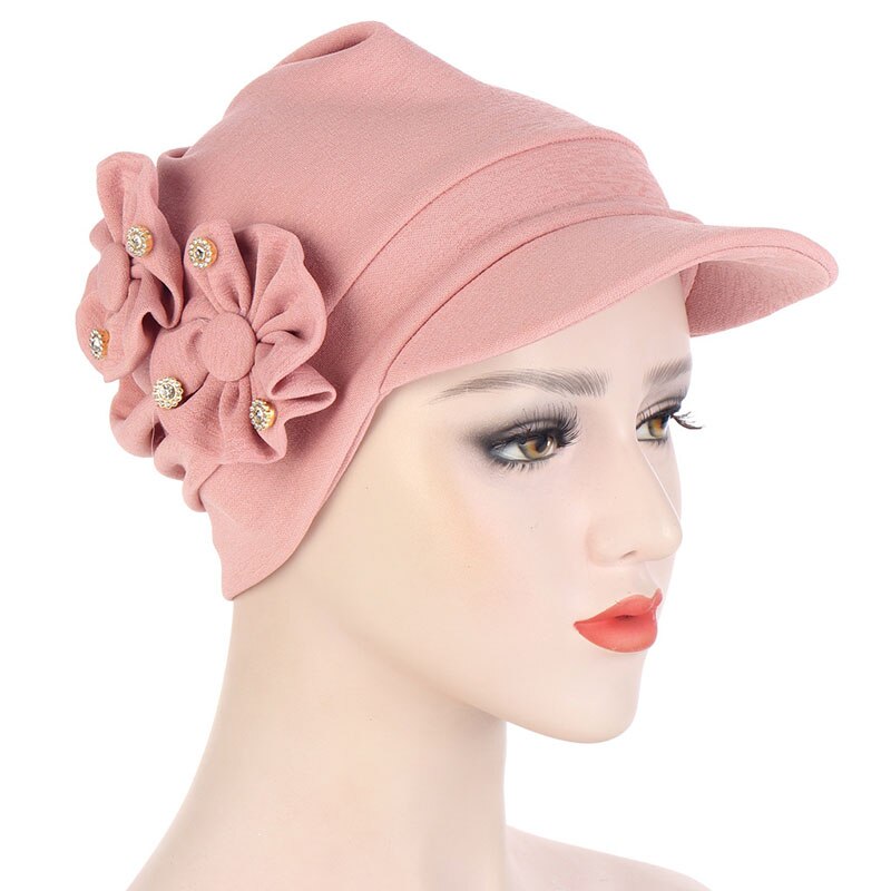 Muslim Turban Hijab Cap Women Turban Hat With Brim Flowers Head Wraps Solid Sun Protection Hats Lady Head Wear Turban: Pink
