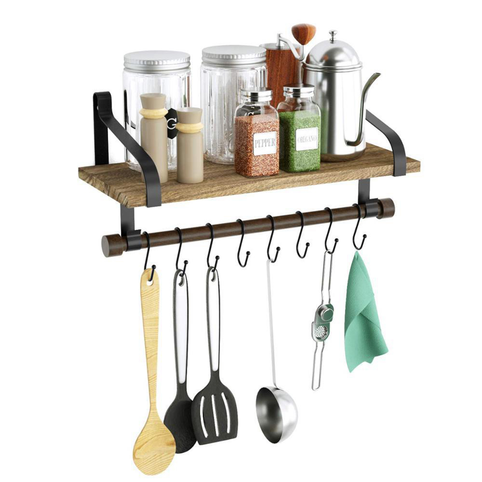 Rustic Wall Floating Wood Shelves Kitchen Organizer Stand Hanging Bracket